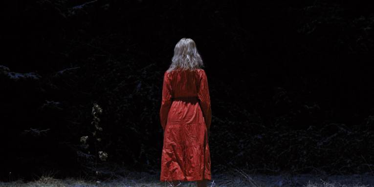 Zu sehen ist eine person die in einem rotem kleid im wald steht.